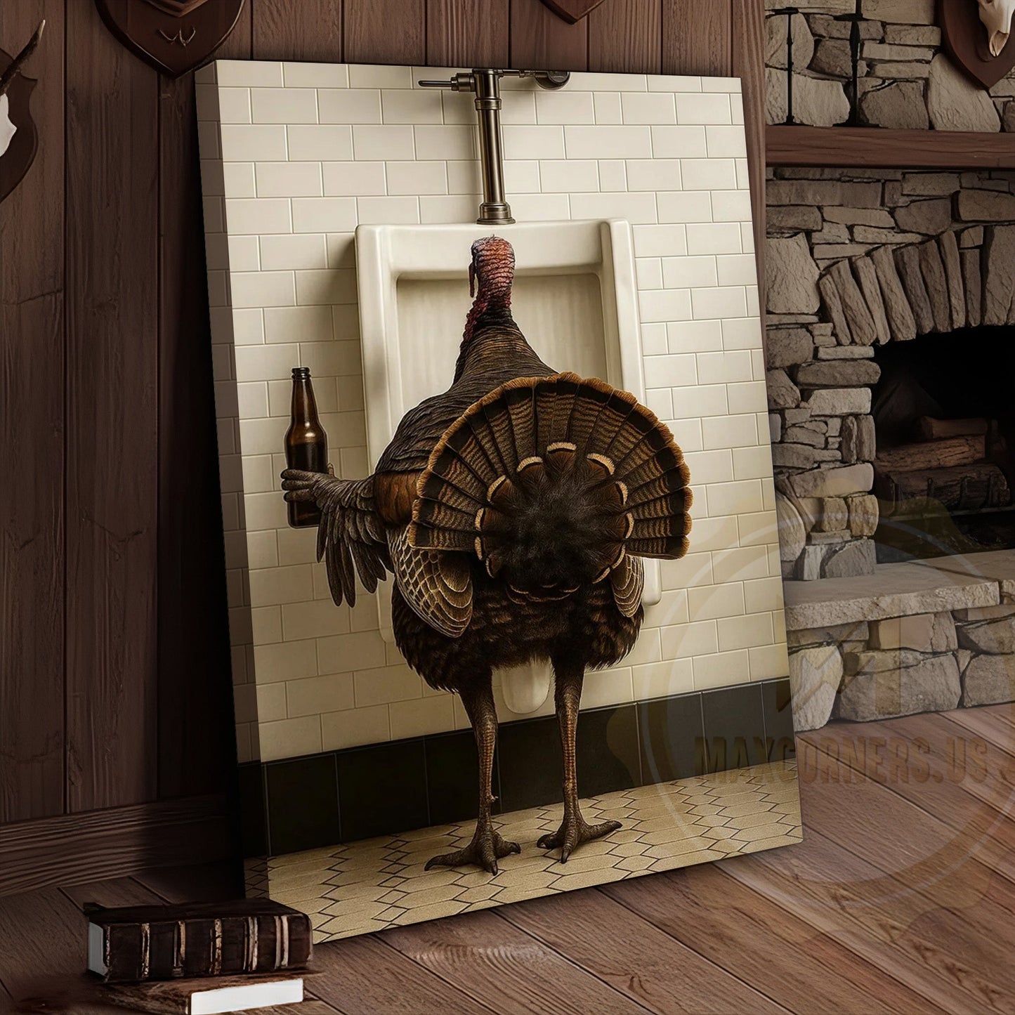Funny Turkey With Beer Rustic Bathroom Wall Art Wrapped Canvas
