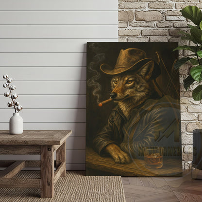 Wolf Cowboy With Whiskey Rustic Western Bar Art Wrapped Canvas