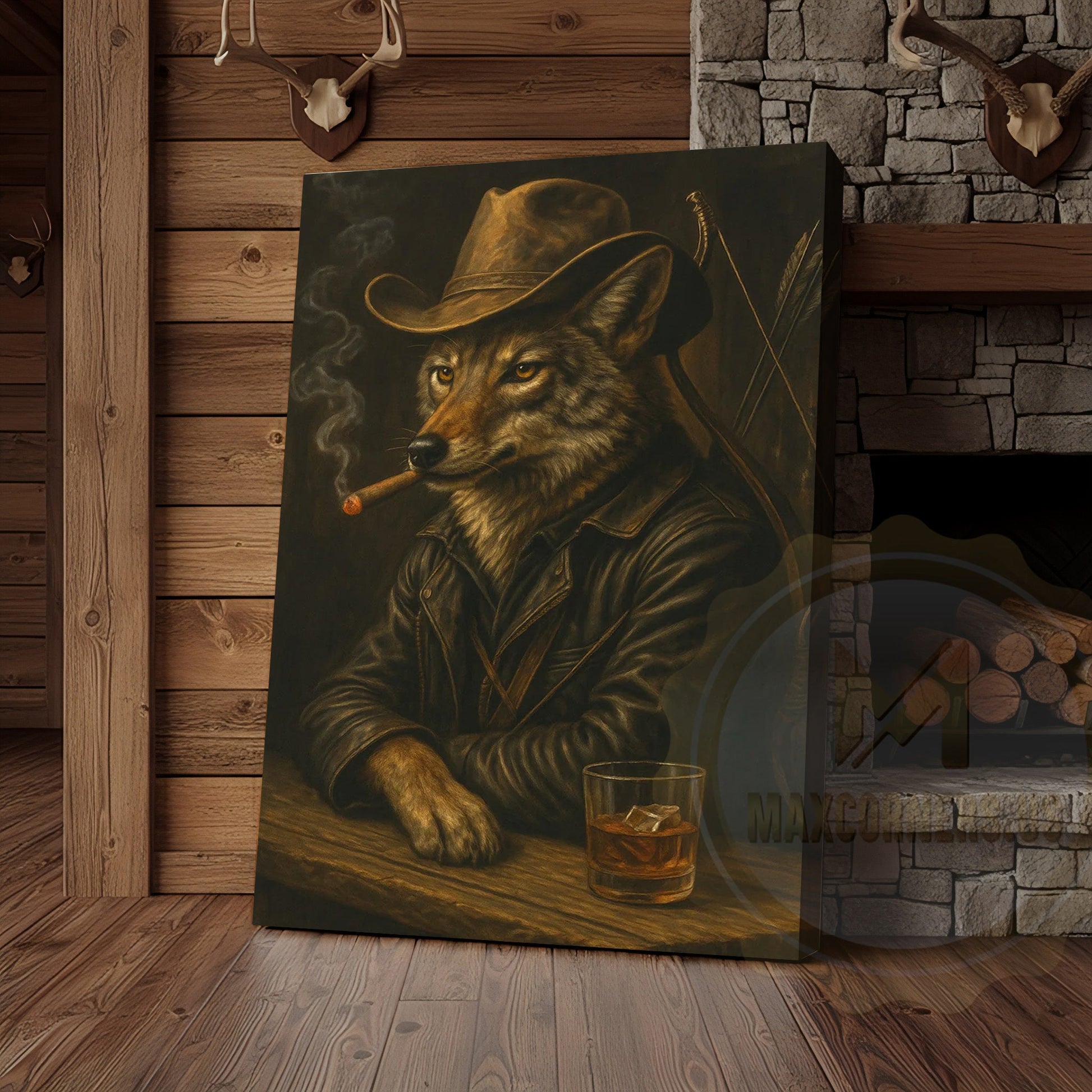 Wolf Cowboy With Whiskey Rustic Western Bar Art Wrapped Canvas