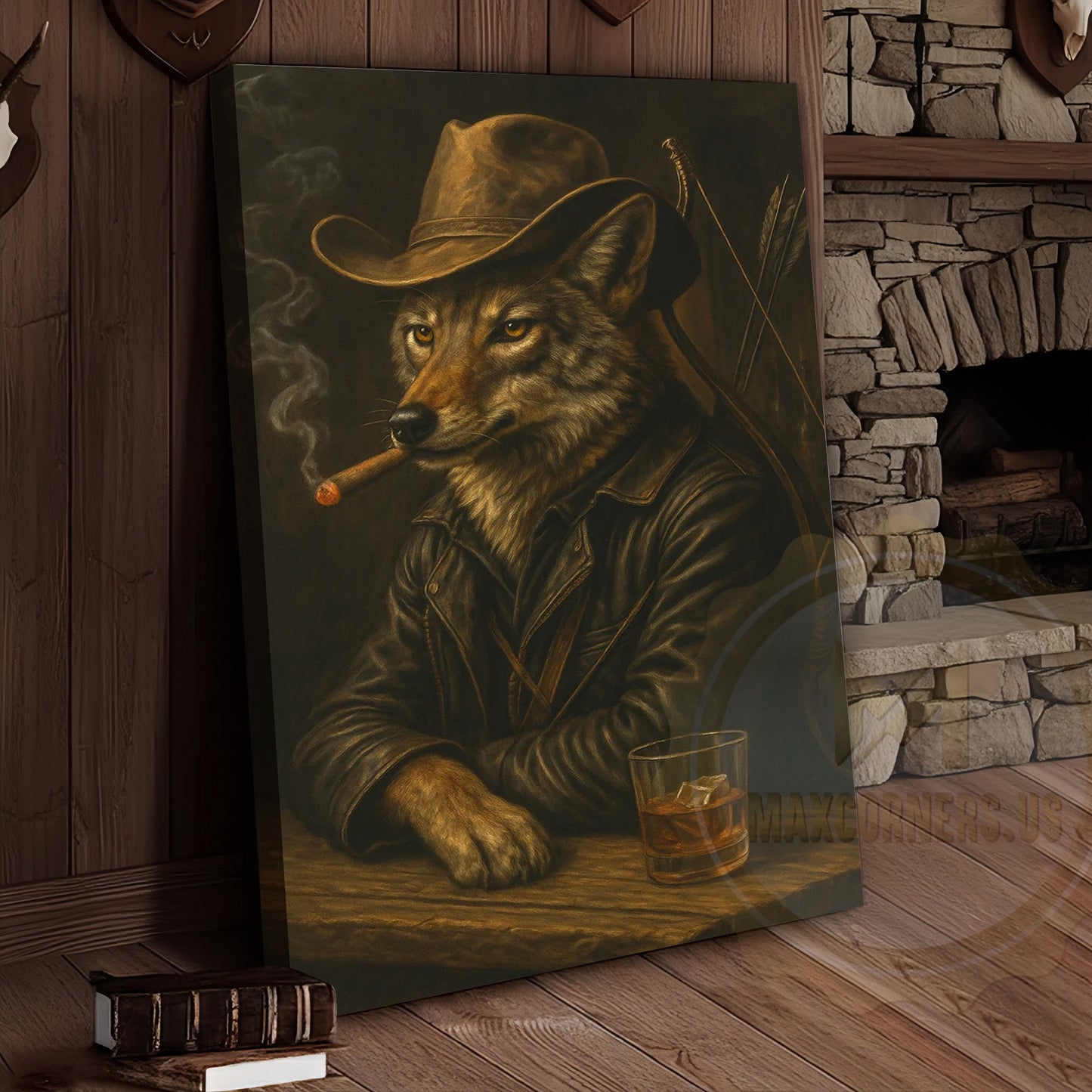 Wolf Cowboy With Whiskey Rustic Western Bar Art Wrapped Canvas