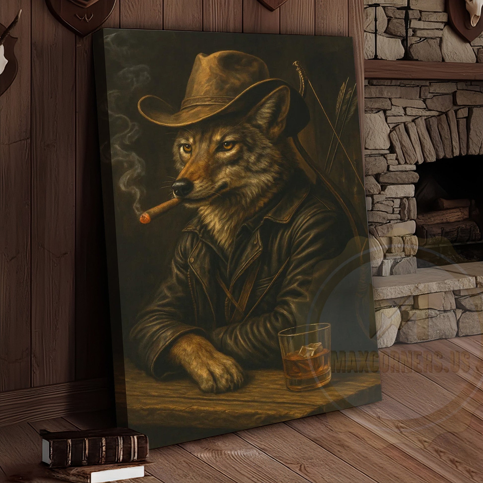 Wolf Cowboy With Whiskey Rustic Western Bar Art Wrapped Canvas
