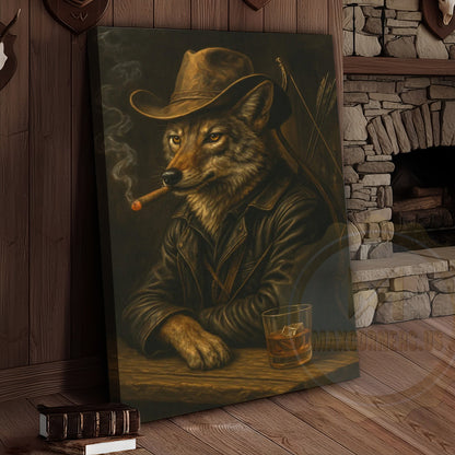 Wolf Cowboy With Whiskey Rustic Western Bar Art Wrapped Canvas