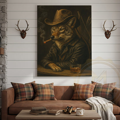 Wolf Cowboy With Whiskey Rustic Western Bar Art Wrapped Canvas