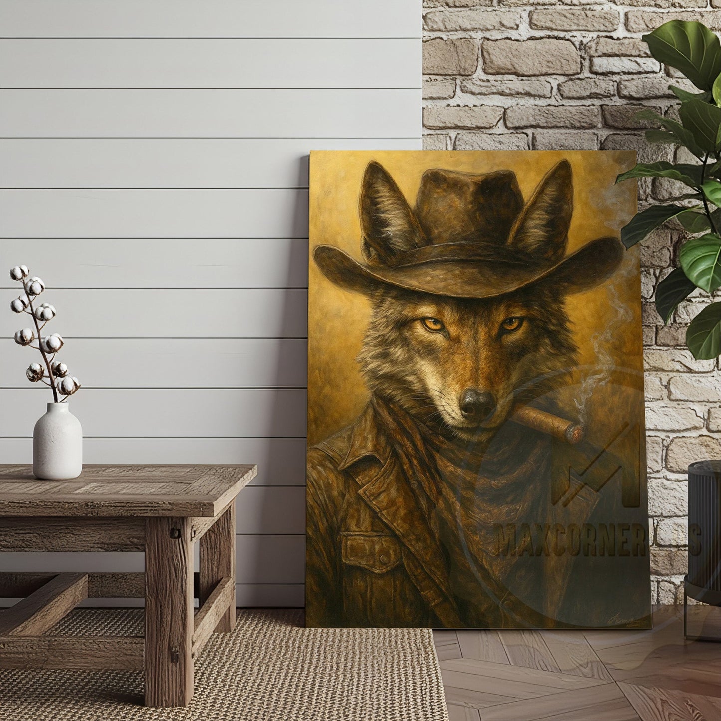 Wolf Cowboy Smoking Cigar Rustic Western Lodge Art Wrapped Canvas