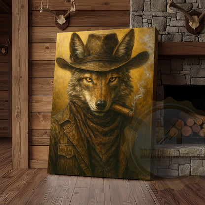 Wolf Cowboy Smoking Cigar Rustic Western Lodge Art Wrapped Canvas