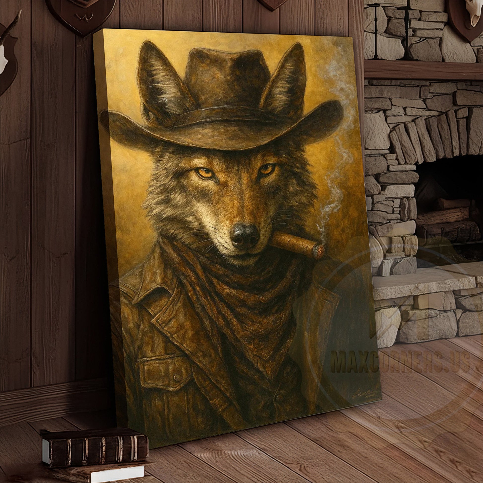 Wolf Cowboy Smoking Cigar Rustic Western Lodge Art Wrapped Canvas