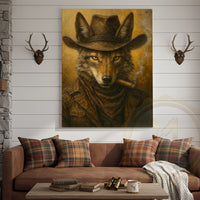 Wolf Cowboy Smoking Cigar Rustic Western Lodge Art Wrapped Canvas