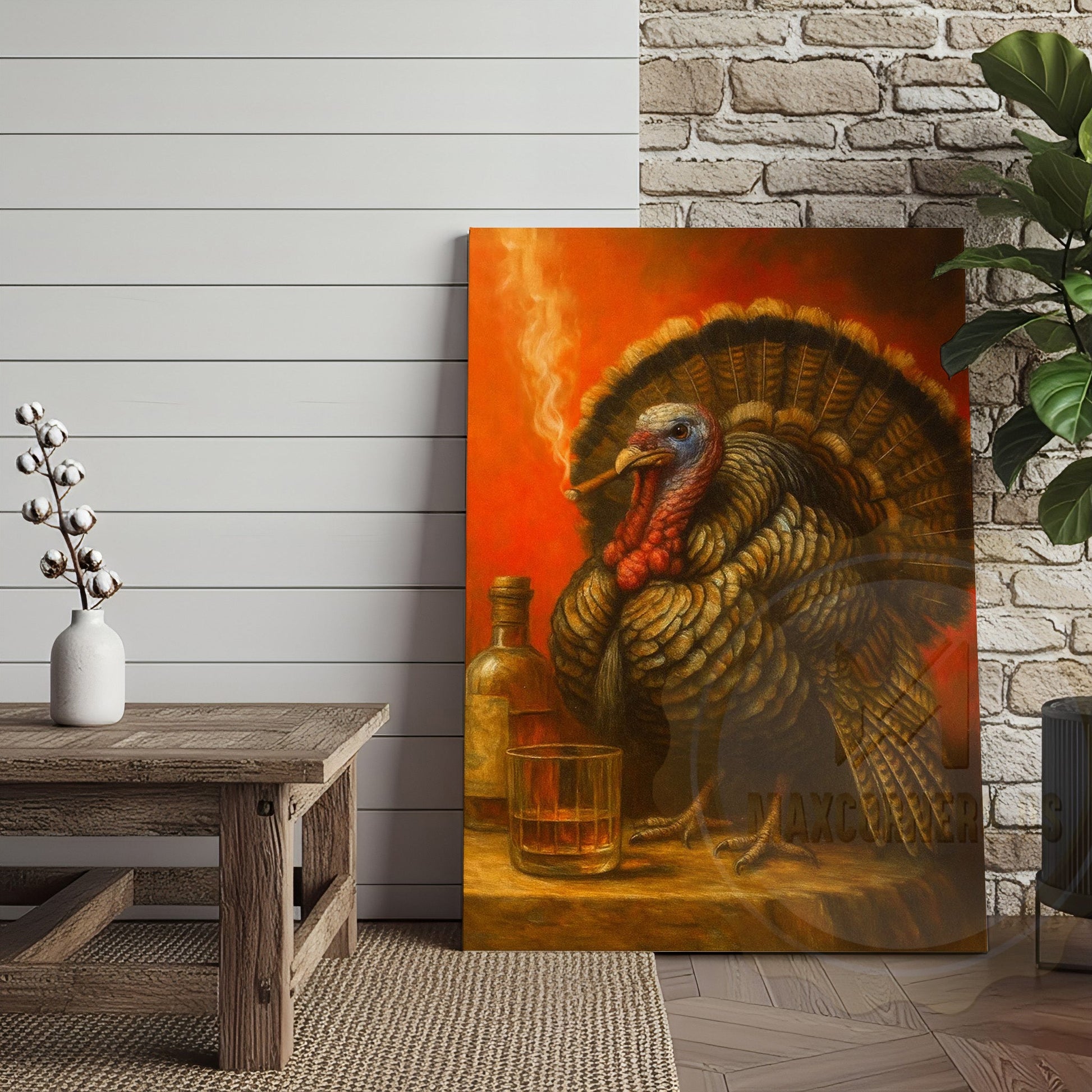 Turkey With Whiskey And Cigar Rustic Bar Wall Art Wrapped Canvas