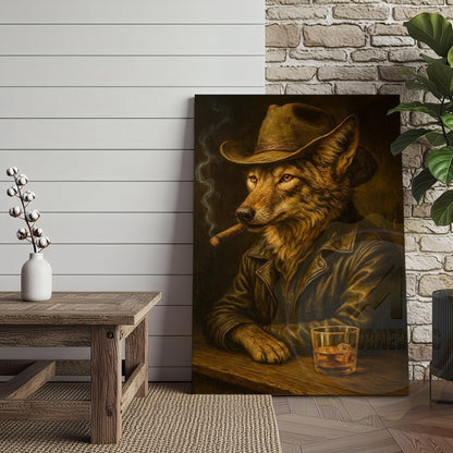 Wolf Cowboy With Whiskey Rustic Lodge Wall Art Wrapped Canvas