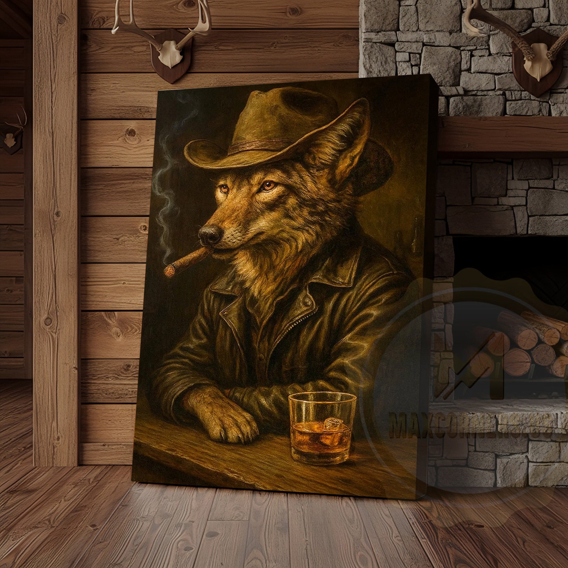 Wolf Cowboy With Whiskey Rustic Lodge Wall Art Wrapped Canvas
