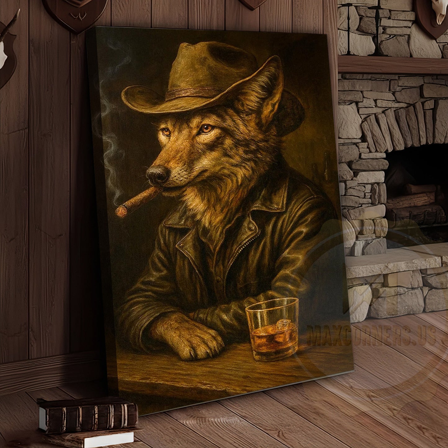 Wolf Cowboy With Whiskey Rustic Lodge Wall Art Wrapped Canvas