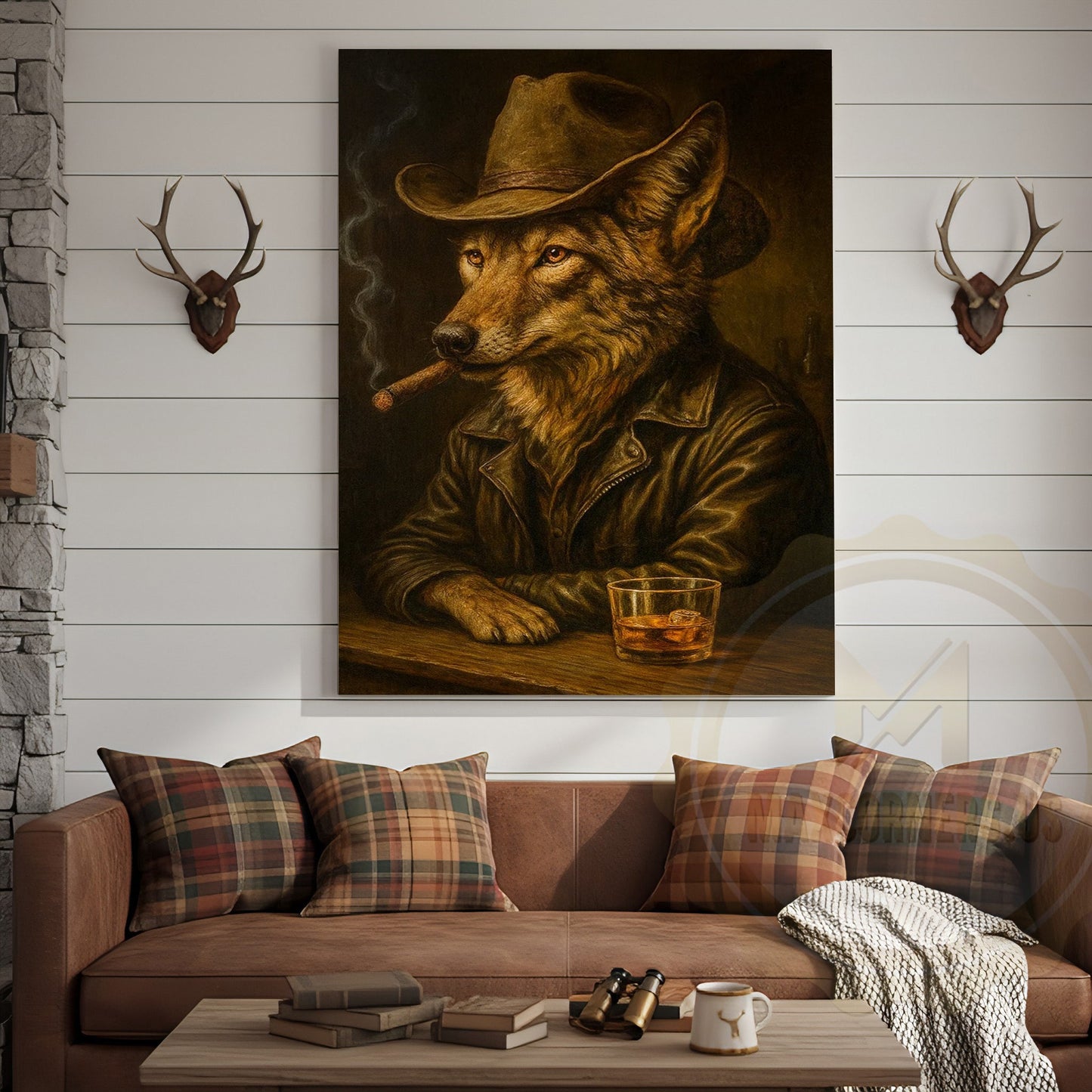 Wolf Cowboy With Whiskey Rustic Lodge Wall Art Wrapped Canvas