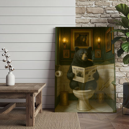 Funny Bear Reading Newspaper Rustic Bathroom Wall Art Wrapped Canvas