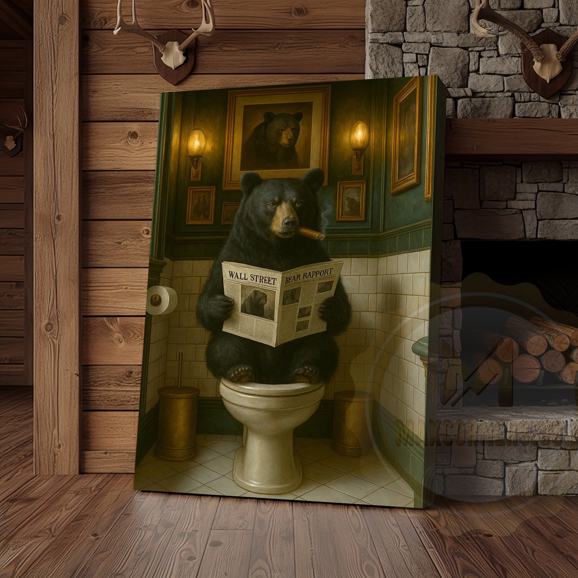 Funny Bear Reading Newspaper Rustic Bathroom Wall Art Wrapped Canvas