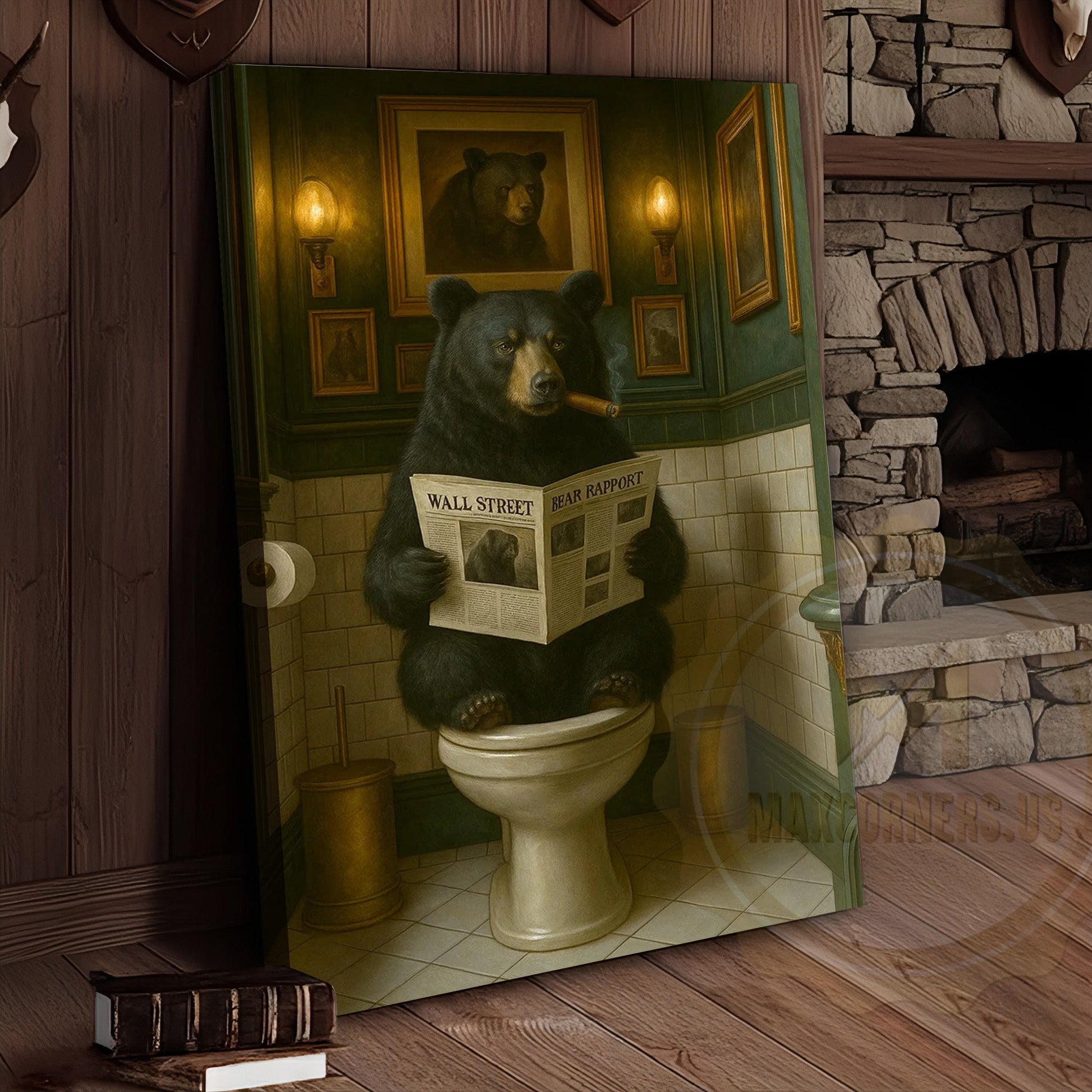 Funny Bear Reading Newspaper Rustic Bathroom Wall Art Wrapped Canvas