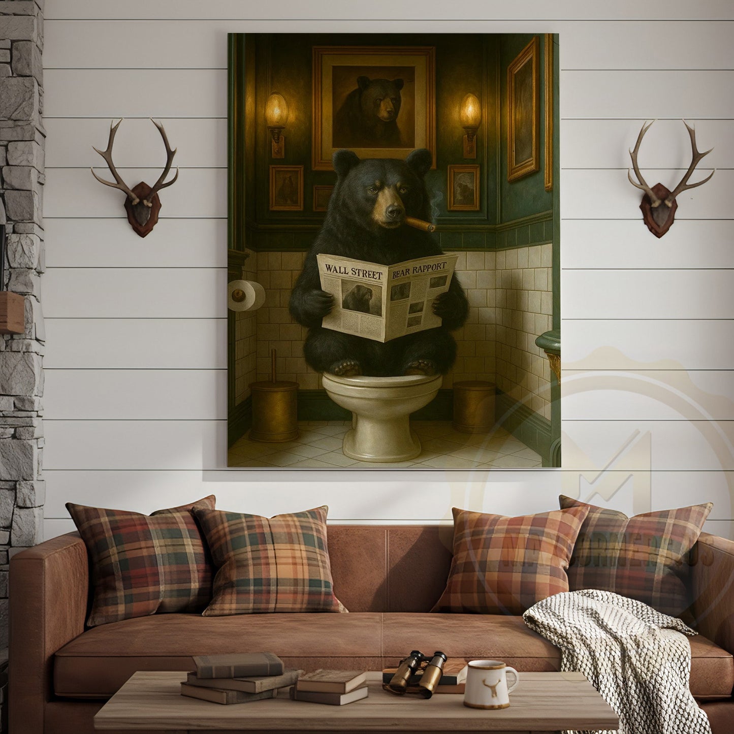 Funny Bear Reading Newspaper Rustic Bathroom Wall Art Wrapped Canvas