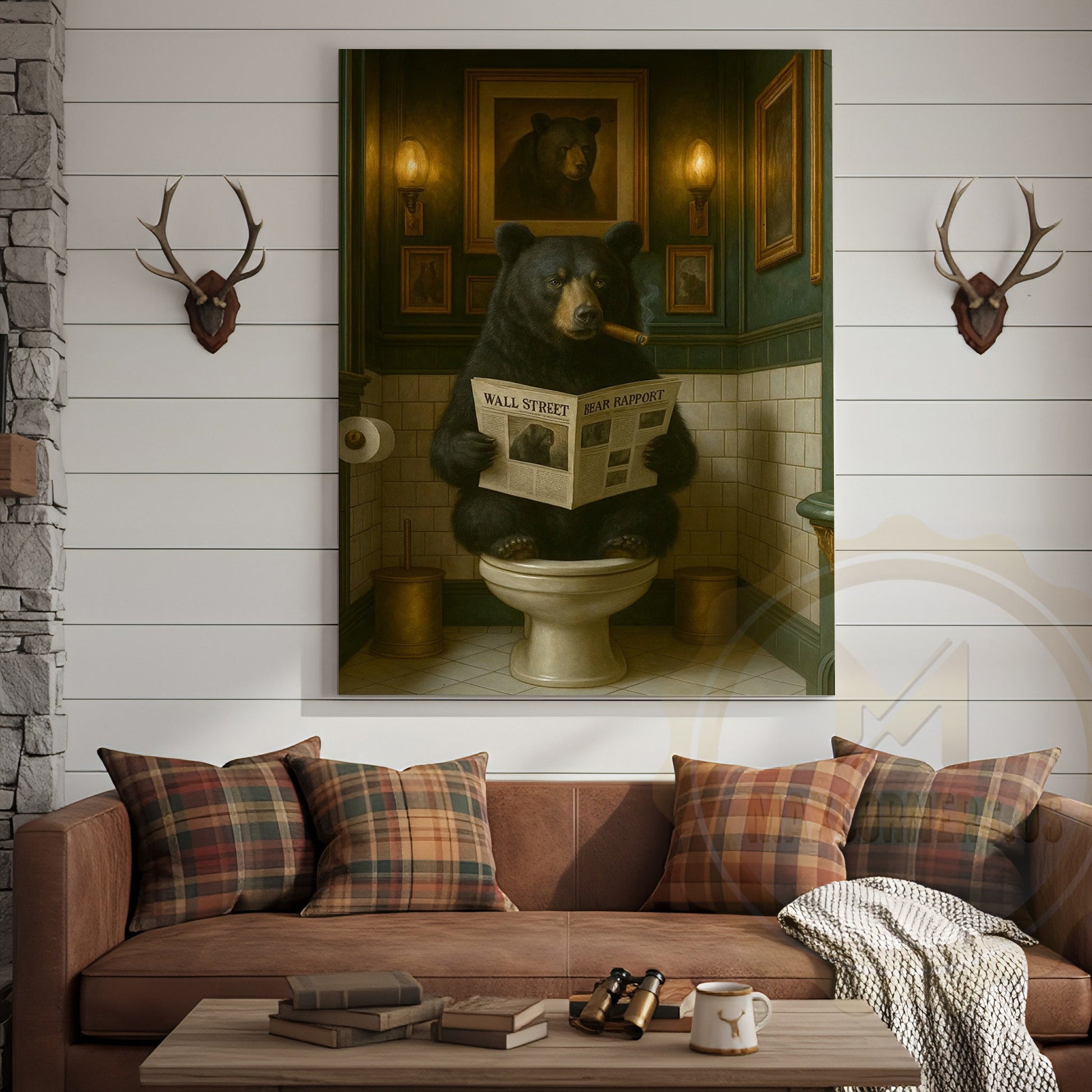 Funny Bear Reading Newspaper Rustic Bathroom Wall Art Wrapped Canvas