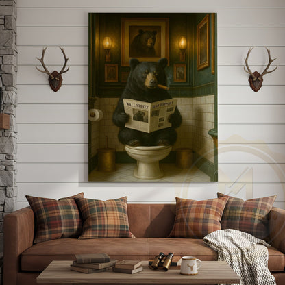 Funny Bear Reading Newspaper Rustic Bathroom Wall Art Wrapped Canvas