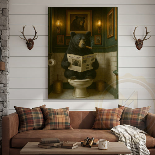 Funny Bear Reading Newspaper Rustic Bathroom Wall Art Wrapped Canvas
