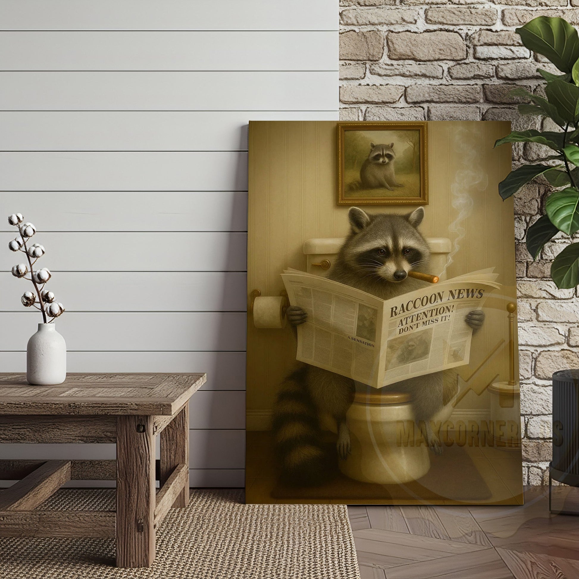 Funny Raccoon Reading Newspaper Rustic Bathroom Wall Art Wrapped Canvas