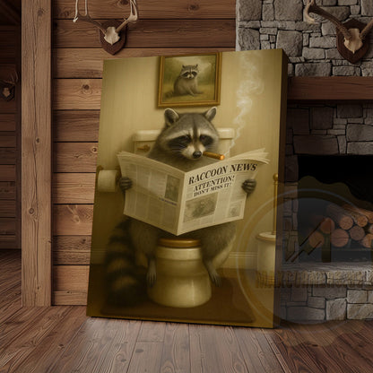 Funny Raccoon Reading Newspaper Rustic Bathroom Wall Art Wrapped Canvas