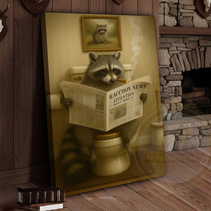 Funny Raccoon Reading Newspaper Rustic Bathroom Wall Art Wrapped Canvas