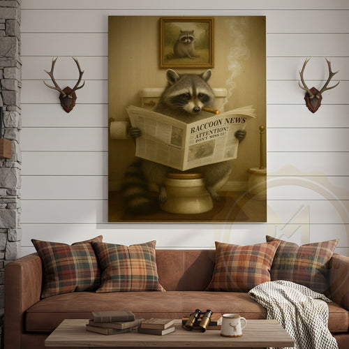 Funny Raccoon Reading Newspaper Rustic Bathroom Wall Art Wrapped Canvas