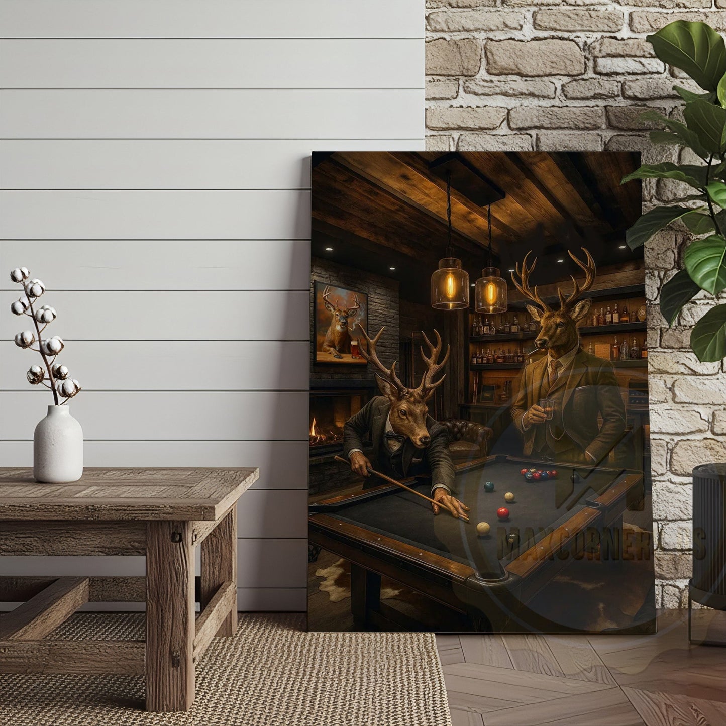 Deer Playing Pool Rustic Lodge Bar Wall Art Wrapped Canvas