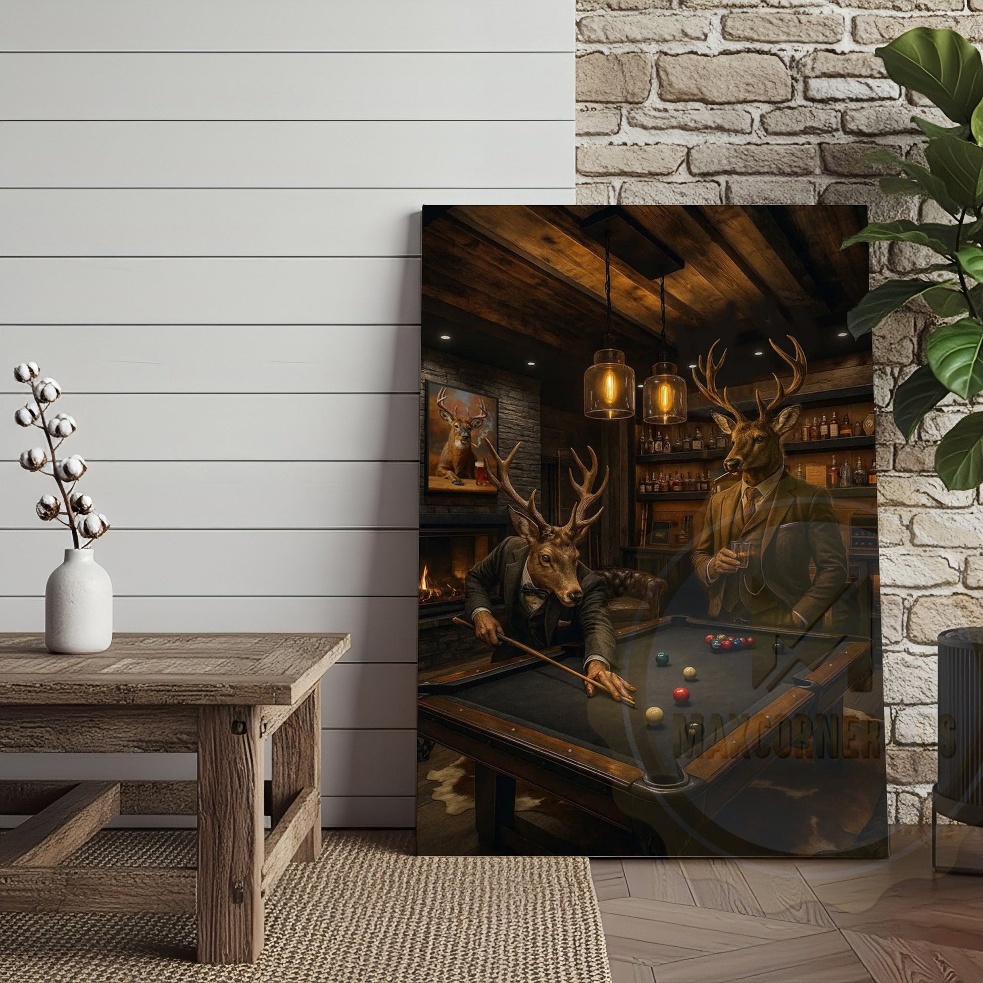 Deer Playing Pool Rustic Lodge Bar Wall Art Wrapped Canvas