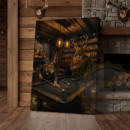 Deer Playing Pool Rustic Lodge Bar Wall Art Wrapped Canvas