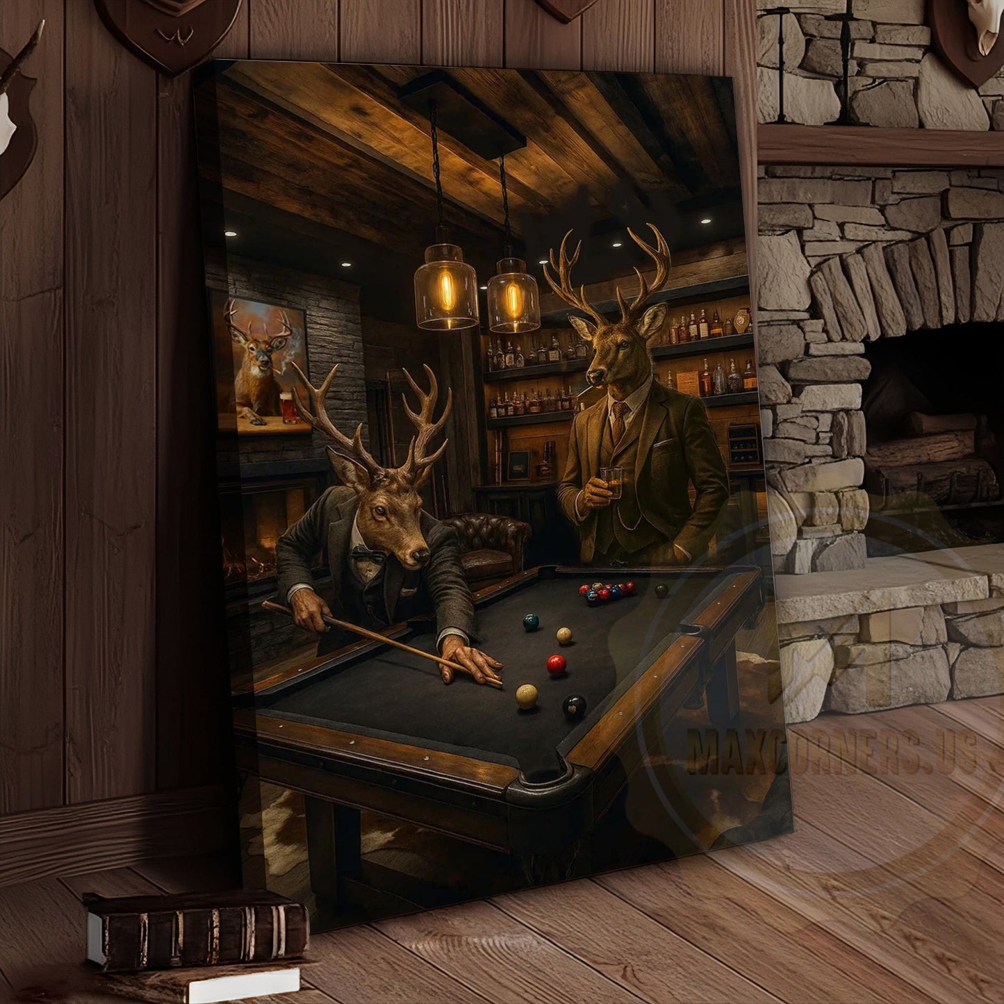 Deer Playing Pool Rustic Lodge Bar Wall Art Wrapped Canvas