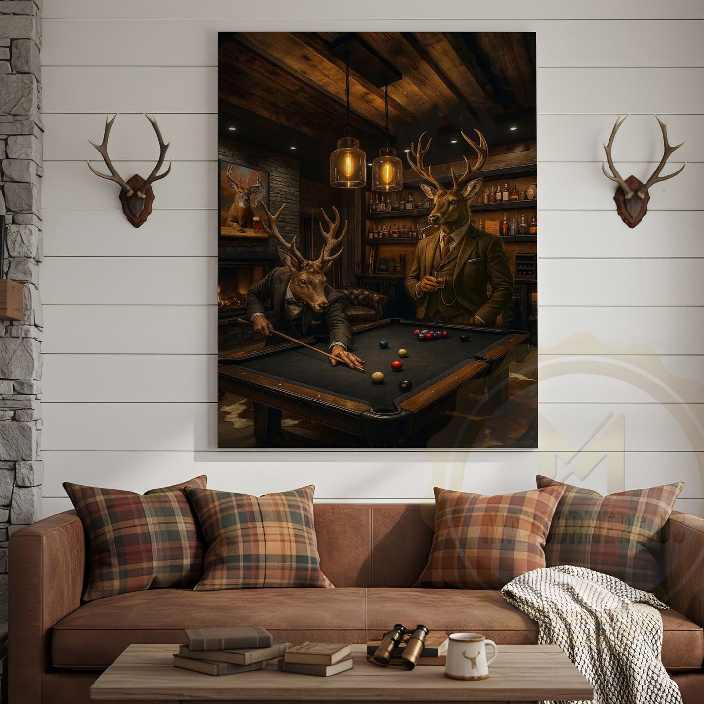 Deer Playing Pool Rustic Lodge Bar Wall Art Wrapped Canvas