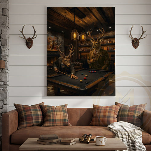 Deer Playing Pool Rustic Lodge Bar Wall Art Wrapped Canvas