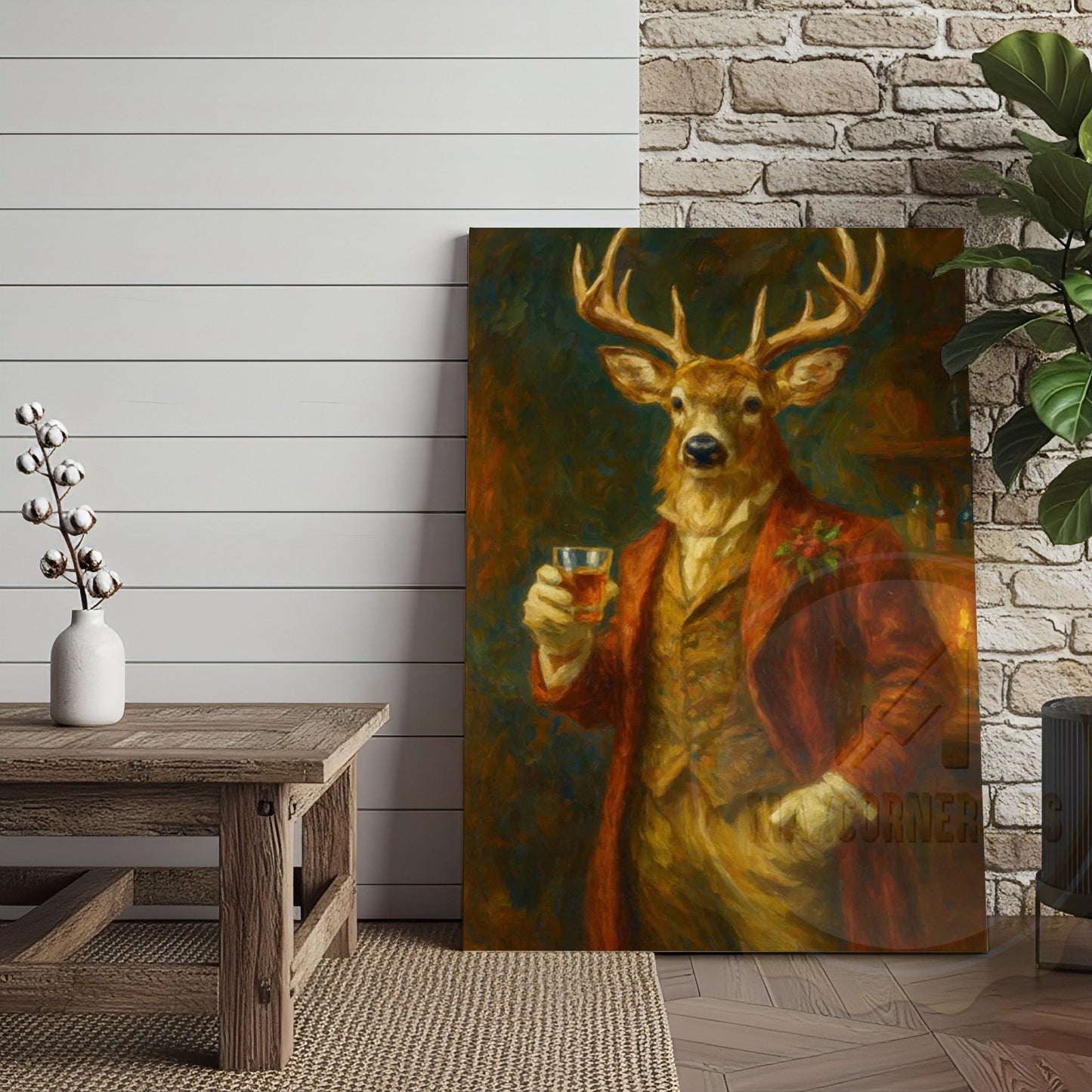 Deer With Whiskey Glass Rustic Bar Wall Art Wrapped Canvas