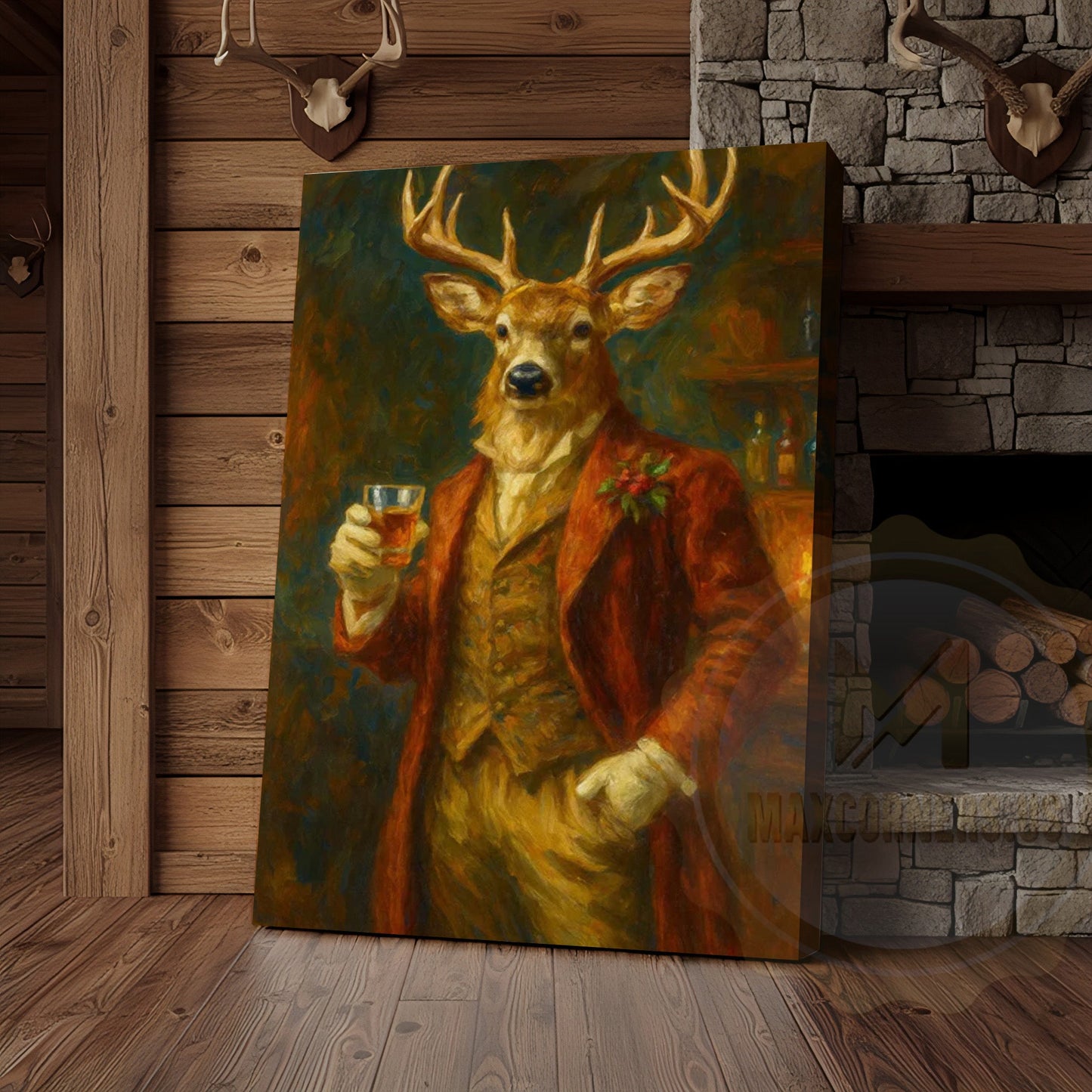 Deer With Whiskey Glass Rustic Bar Wall Art Wrapped Canvas