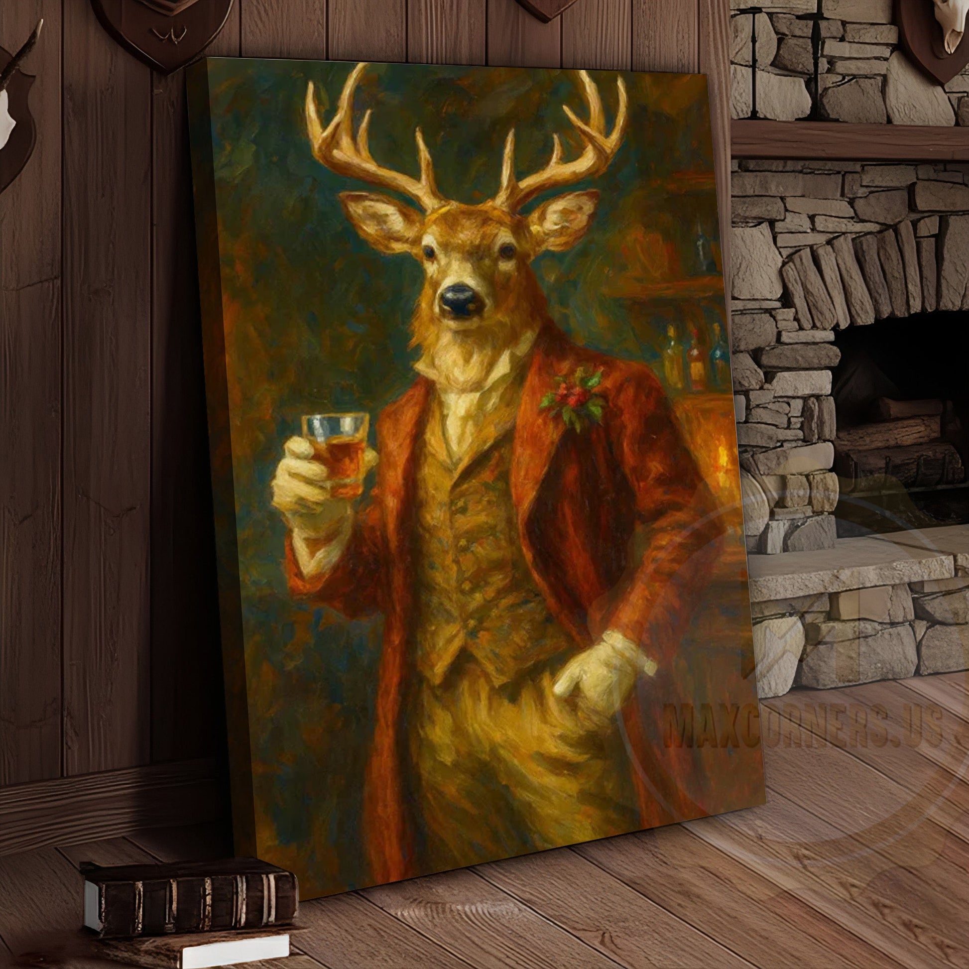 Deer With Whiskey Glass Rustic Bar Wall Art Wrapped Canvas