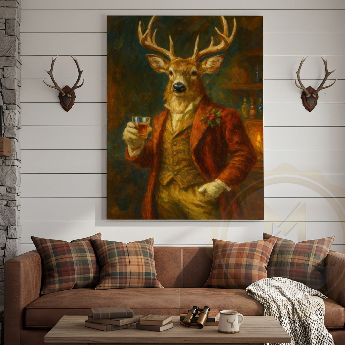 Deer With Whiskey Glass Rustic Bar Wall Art Wrapped Canvas