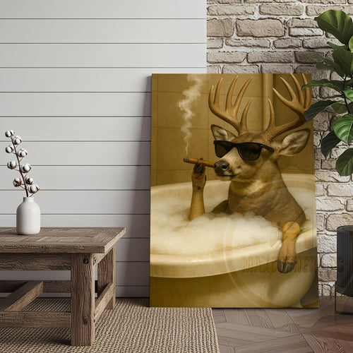 Funny Deer In Bathtub Smoking Cigar Rustic Bathroom Wall Art Wrapped Canvas