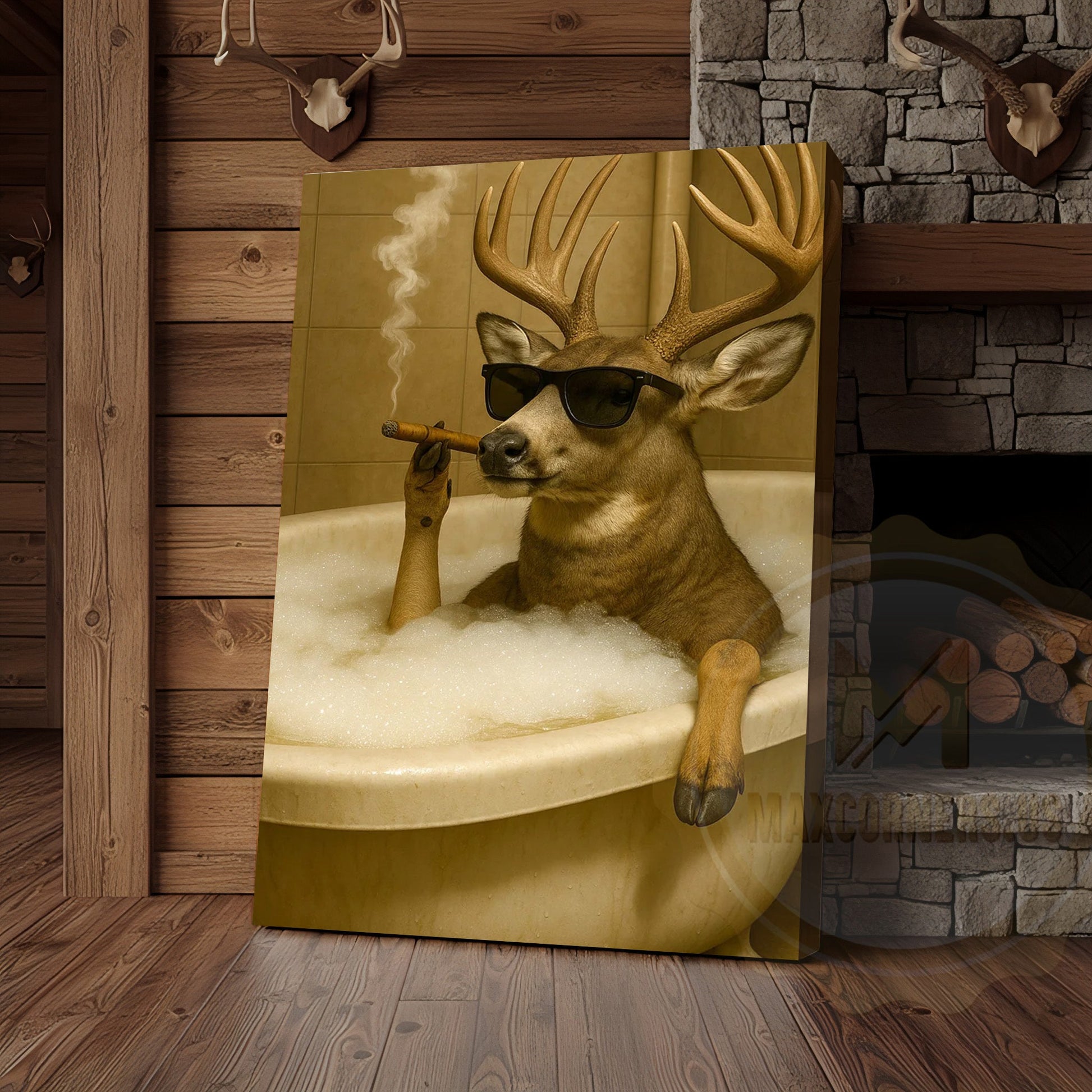 Funny Deer In Bathtub Smoking Cigar Rustic Bathroom Wall Art Wrapped Canvas