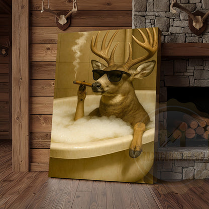 Funny Deer In Bathtub Smoking Cigar Rustic Bathroom Wall Art Wrapped Canvas