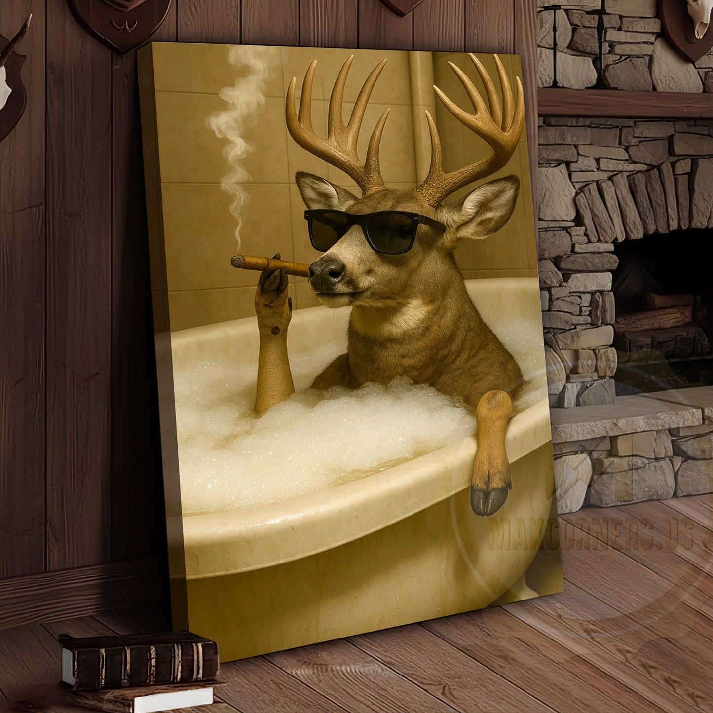 Funny Deer In Bathtub Smoking Cigar Rustic Bathroom Wall Art Wrapped Canvas