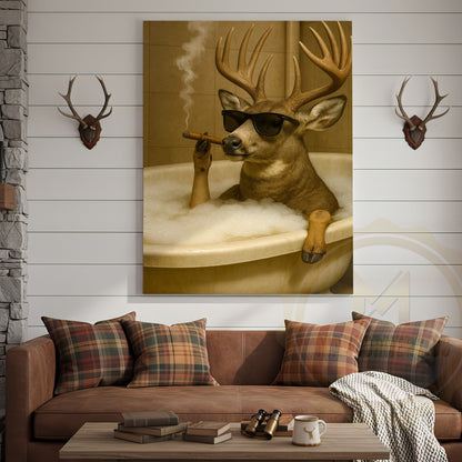 Funny Deer In Bathtub Smoking Cigar Rustic Bathroom Wall Art Wrapped Canvas