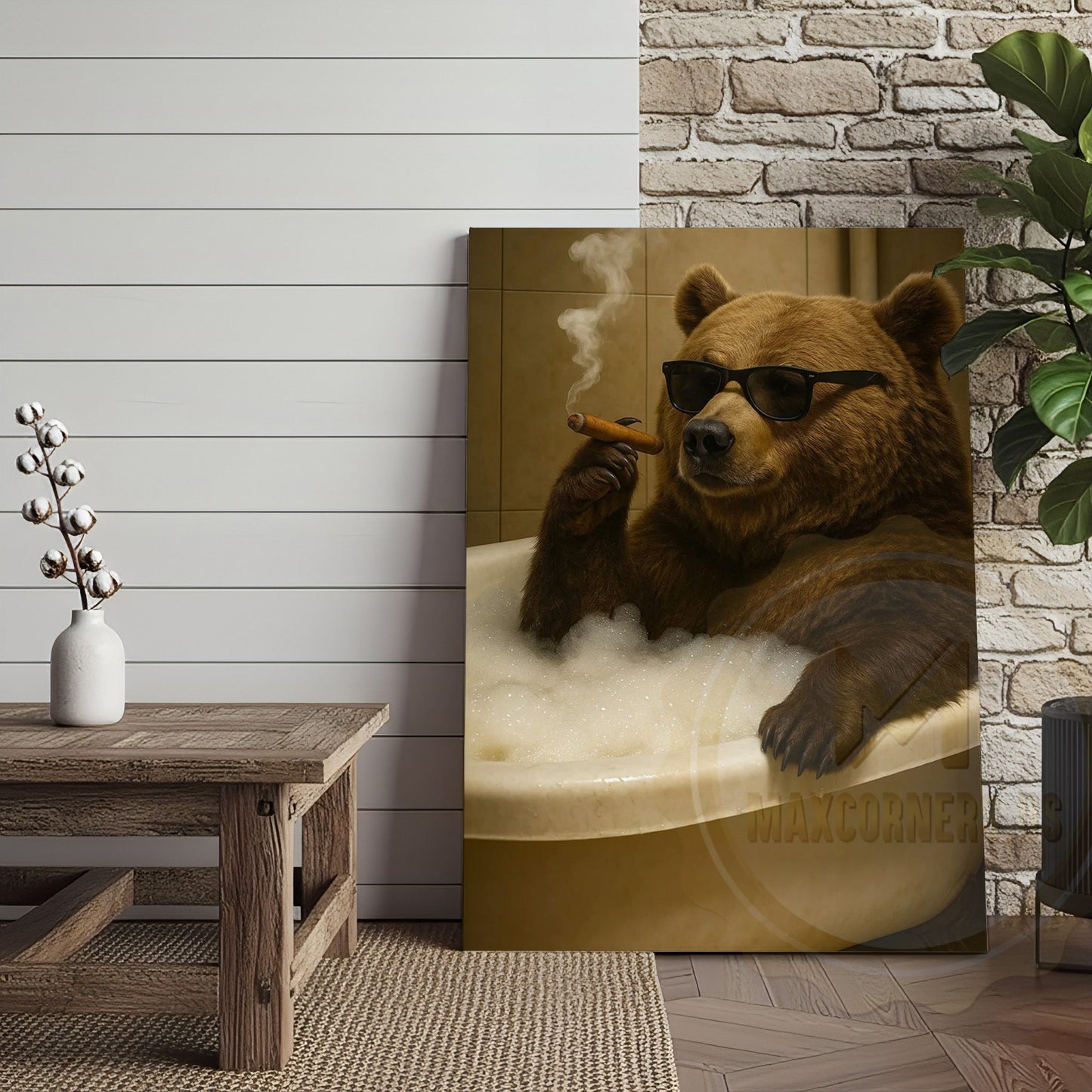 Funny Bear In Bathtub Smoking Cigar Rustic Bathroom Wall Art Wrapped Canvas