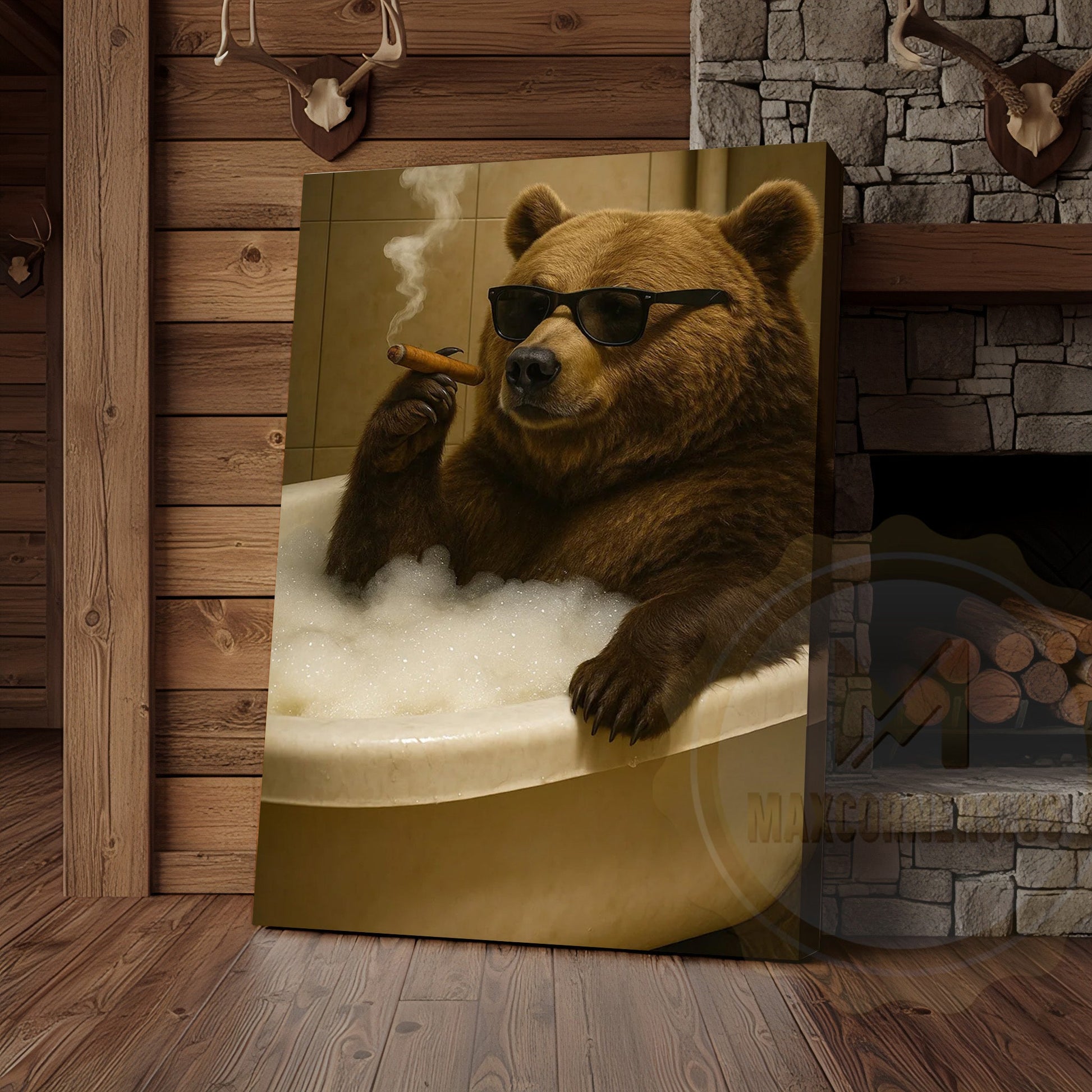Funny Bear In Bathtub Smoking Cigar Rustic Bathroom Wall Art Wrapped Canvas