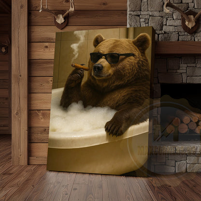 Funny Bear In Bathtub Smoking Cigar Rustic Bathroom Wall Art Wrapped Canvas