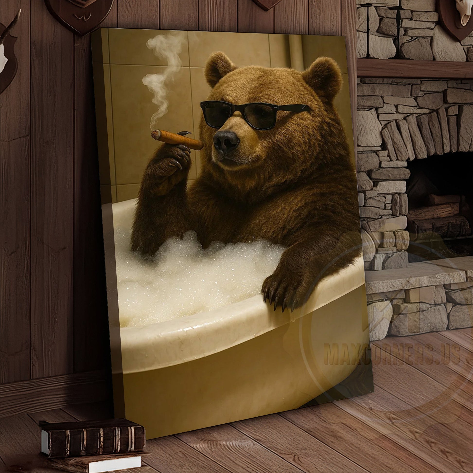 Funny Bear In Bathtub Smoking Cigar Rustic Bathroom Wall Art Wrapped Canvas