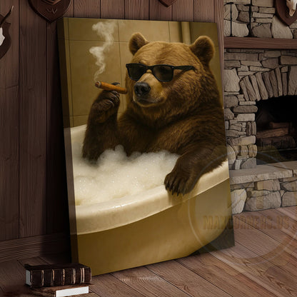Funny Bear In Bathtub Smoking Cigar Rustic Bathroom Wall Art Wrapped Canvas
