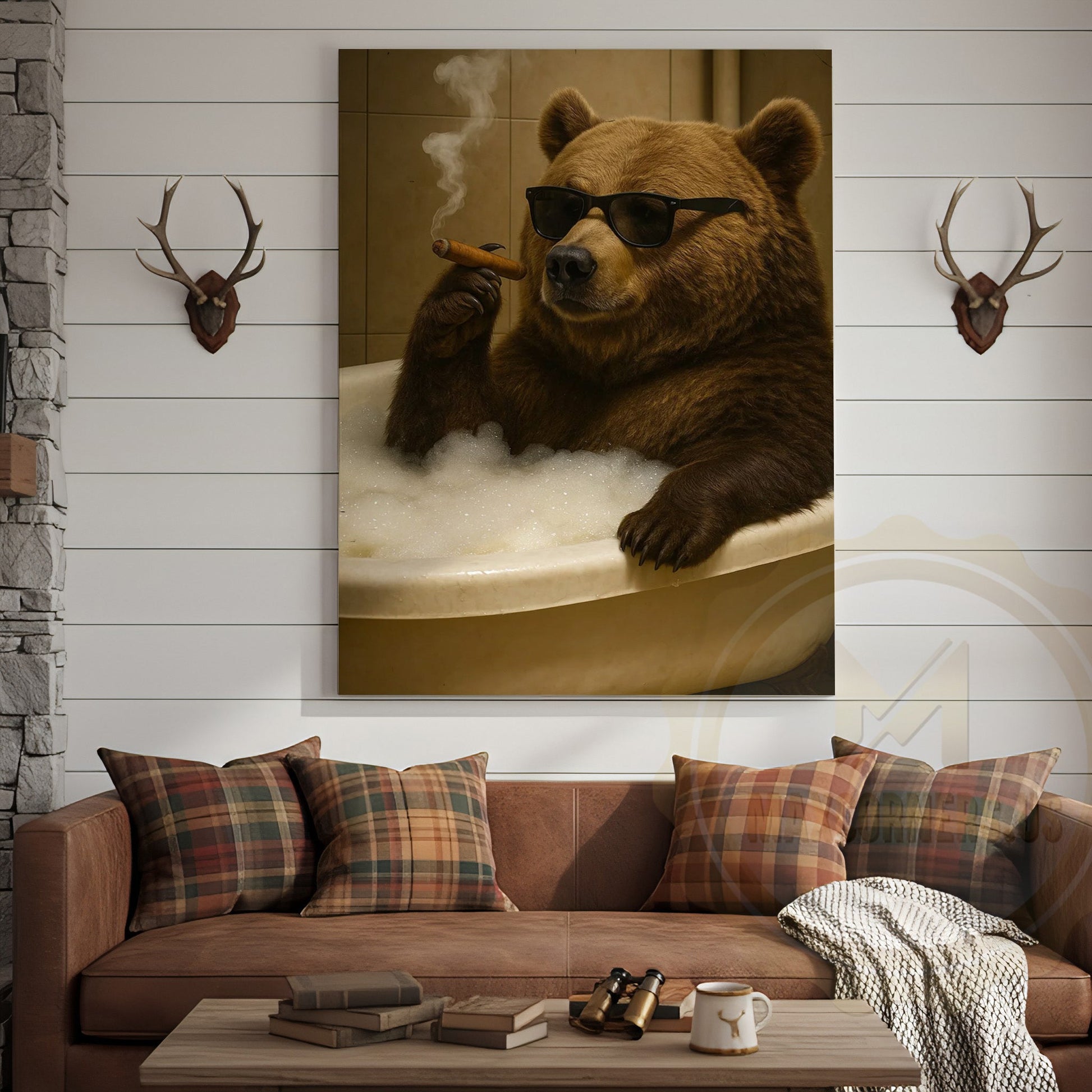 Funny Bear In Bathtub Smoking Cigar Rustic Bathroom Wall Art Wrapped Canvas