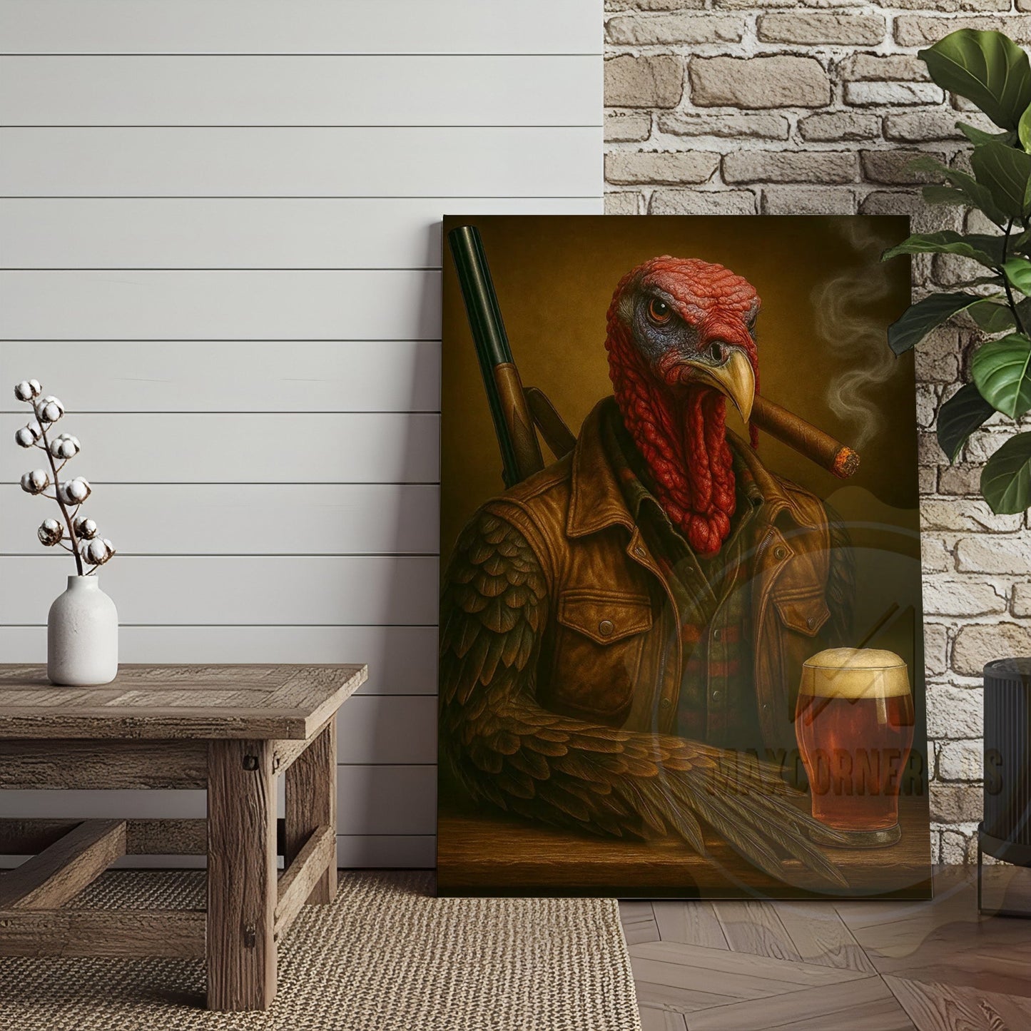 Turkey Hunter With Beer And Cigar Rustic Lodge Wall Art Wrapped Canvas