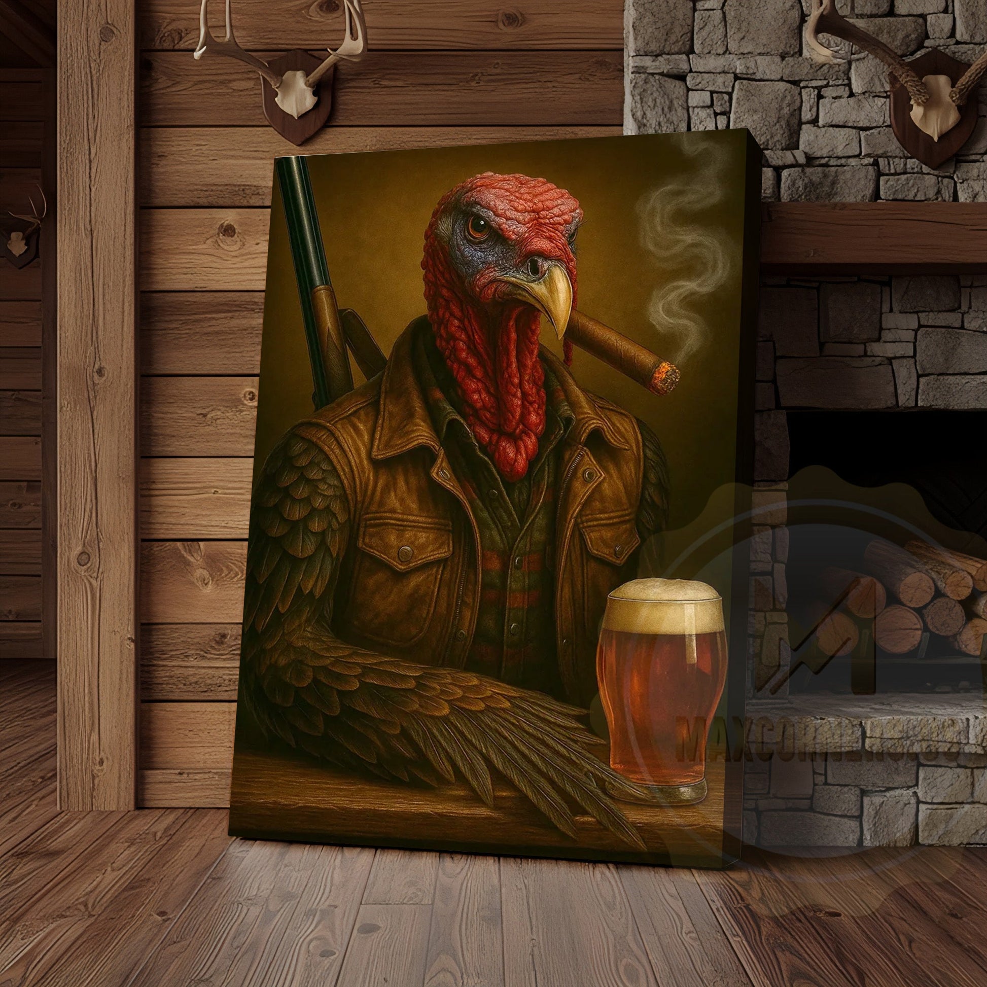 Turkey Hunter With Beer And Cigar Rustic Lodge Wall Art Wrapped Canvas